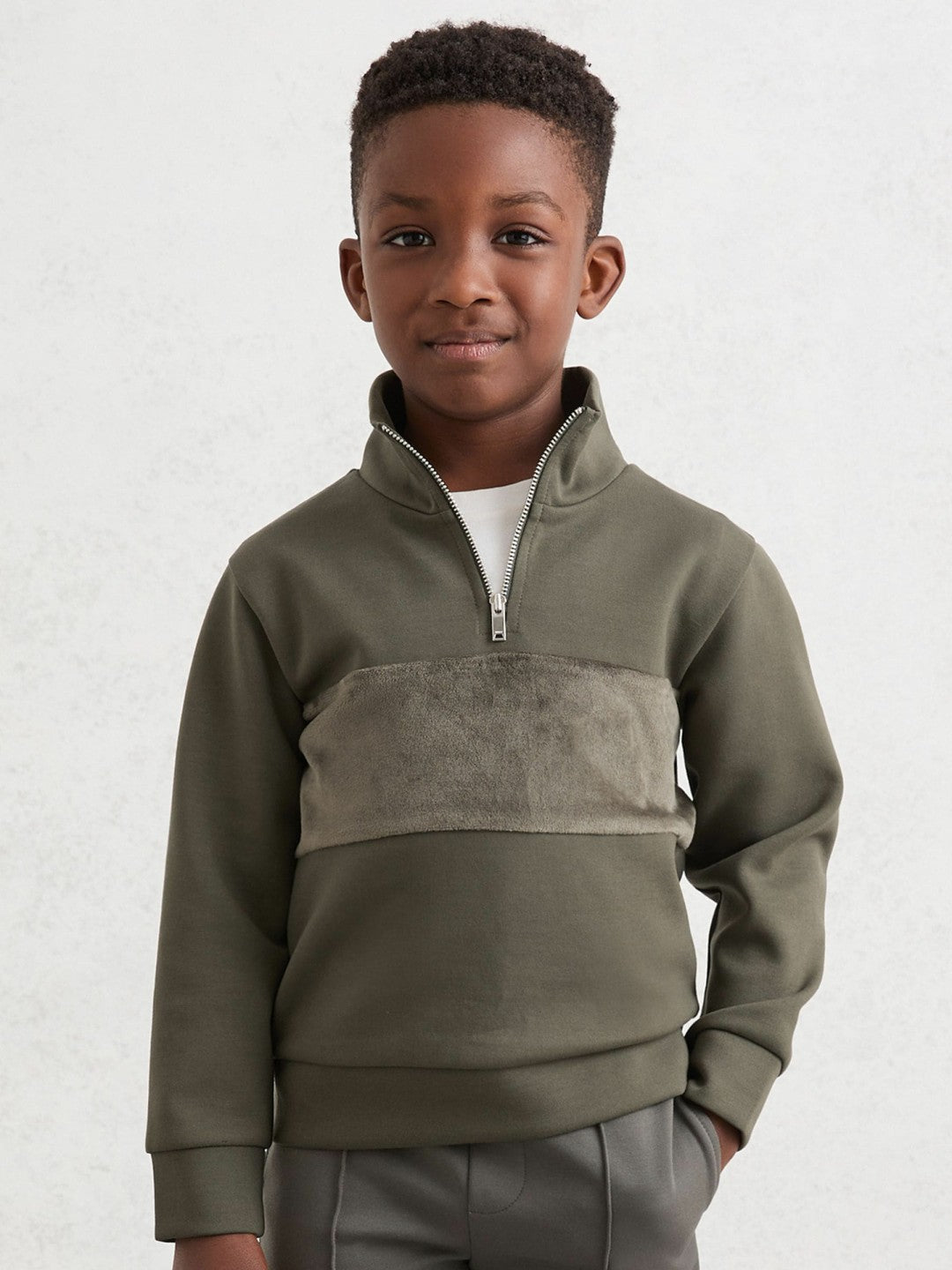 13-14 yrs Slim Fit Half-Zip Funnel Neck Velour Sweatshirt Dark Sage Green | Children & Baby