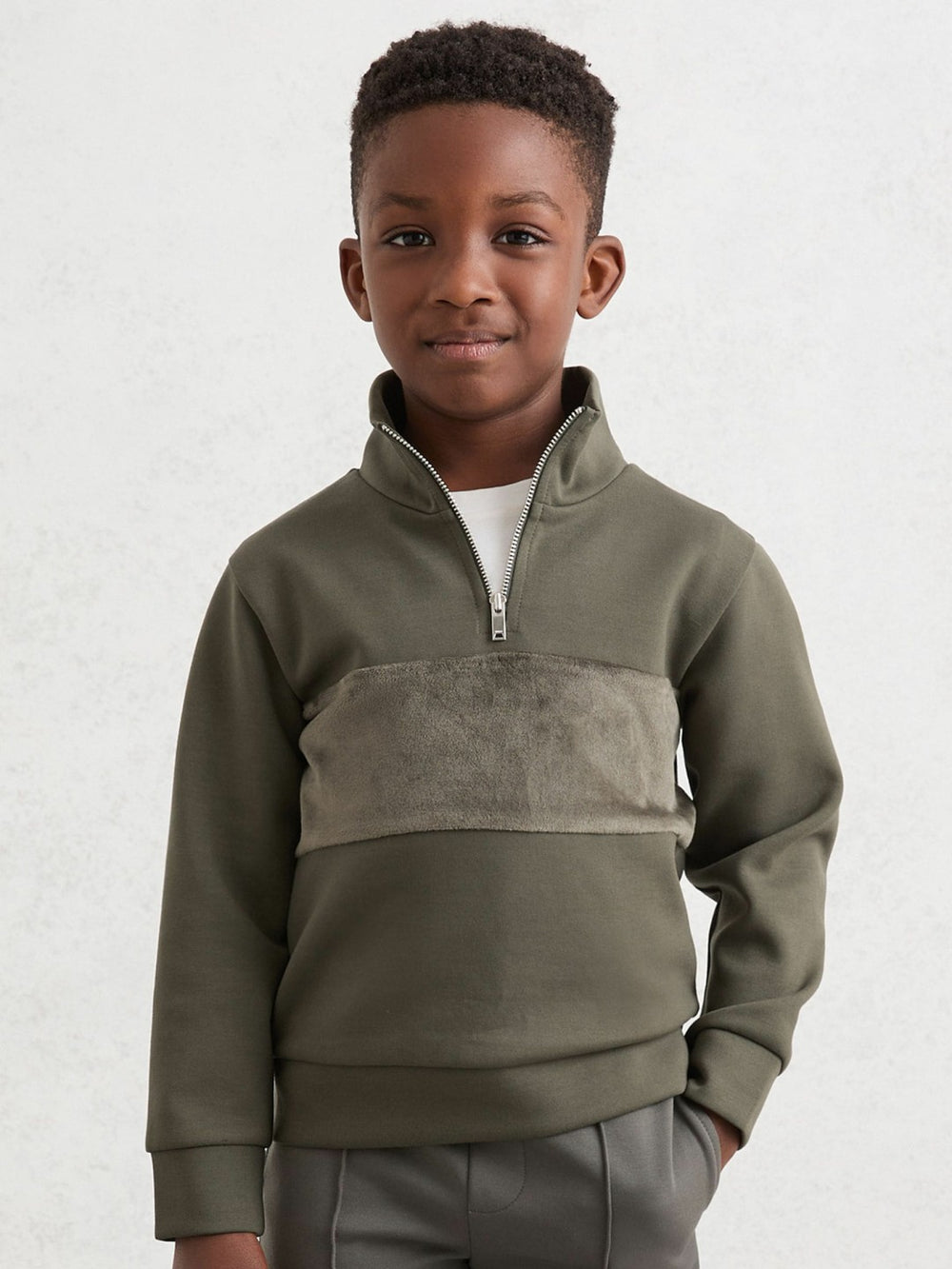 9-13 yrs Slim Fit Half-Zip Funnel Neck Velour Sweatshirt Dark Sage Green | Children & Baby