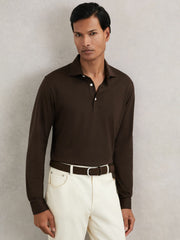 Cotton-Jersey Long Sleeve Polo Shirt Brown | Men