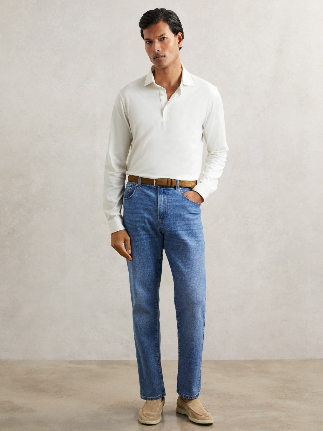 Cotton-Jersey Long Sleeve Polo Shirt White | Men