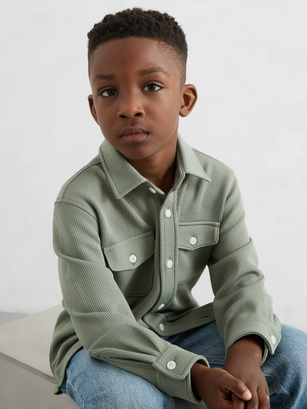 13-14 yrs Waffle-Textured Twin-Pocket Overshirt Sage | Children & Baby