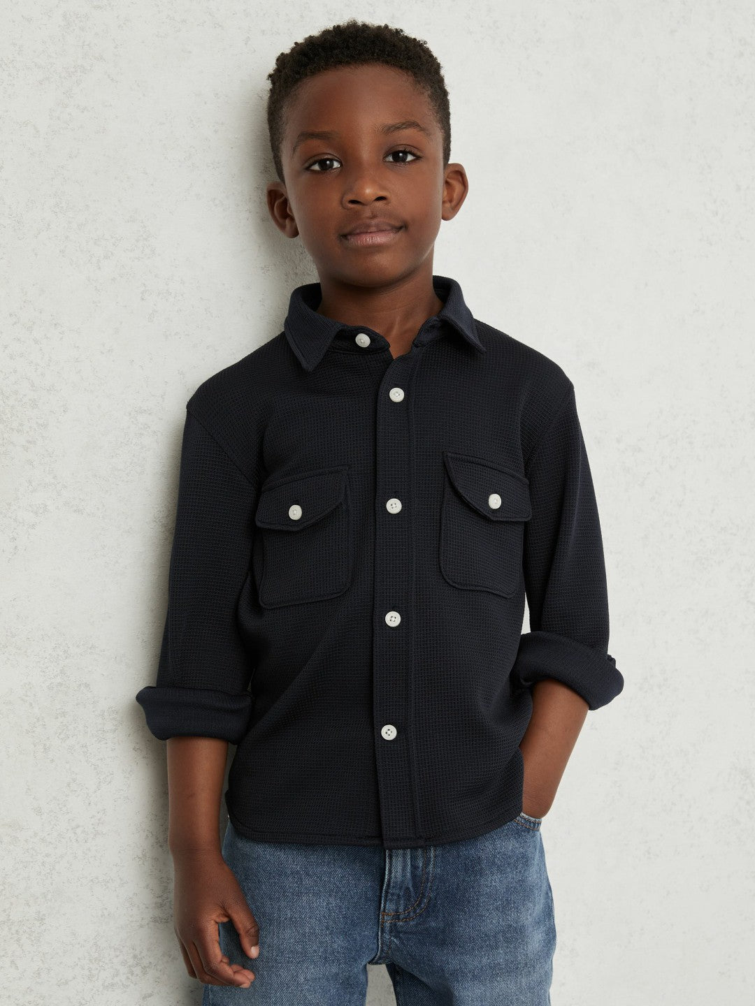 13-14 yrs Waffle-Textured Twin-Pocket Overshirt Navy | Children & Baby
