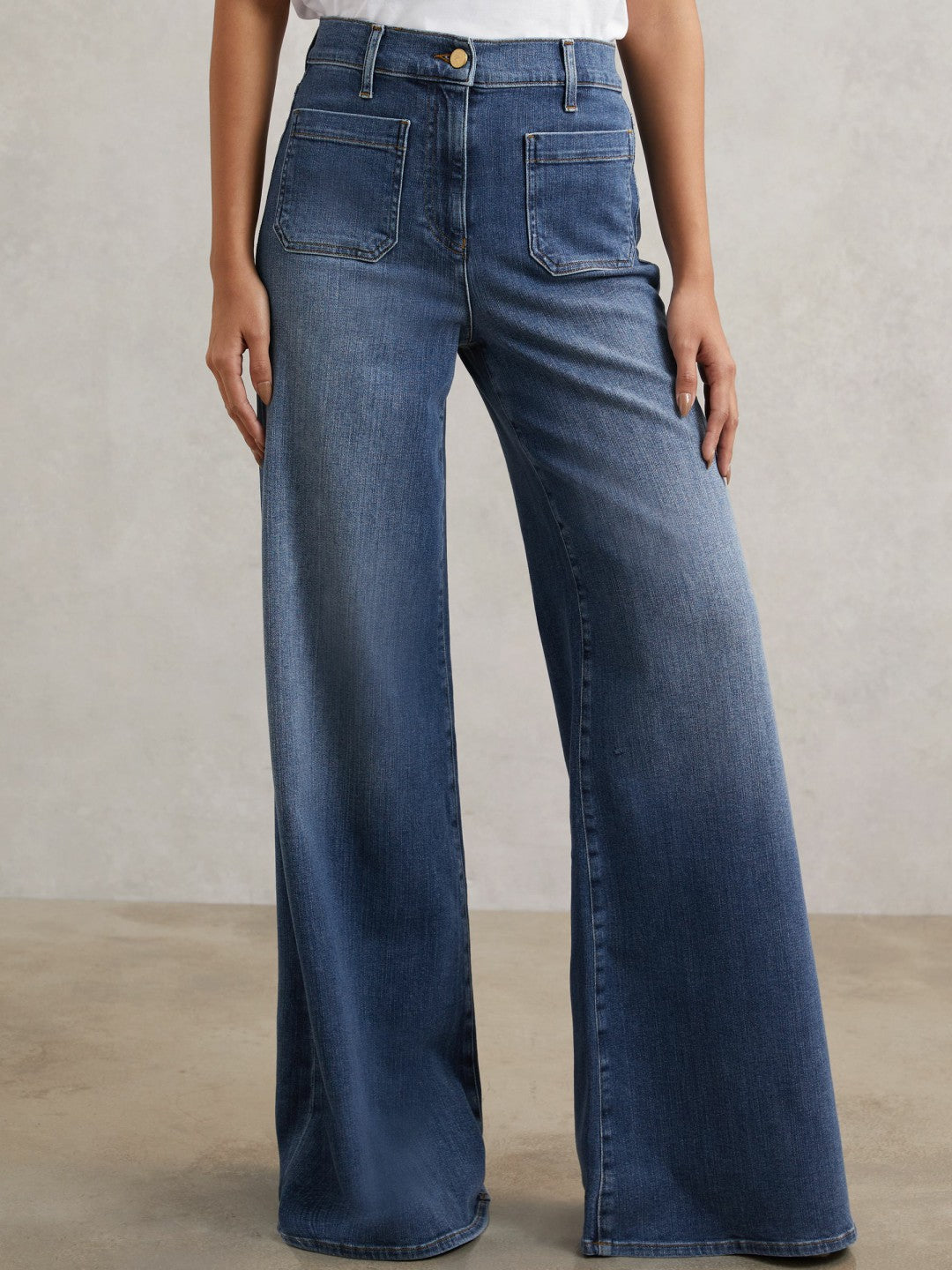 Petite Patch Pocket Wide Leg Jeans Mid Blue | Women