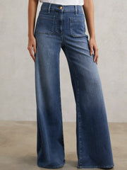 Petite Patch Pocket Wide Leg Jeans Mid Blue | Women