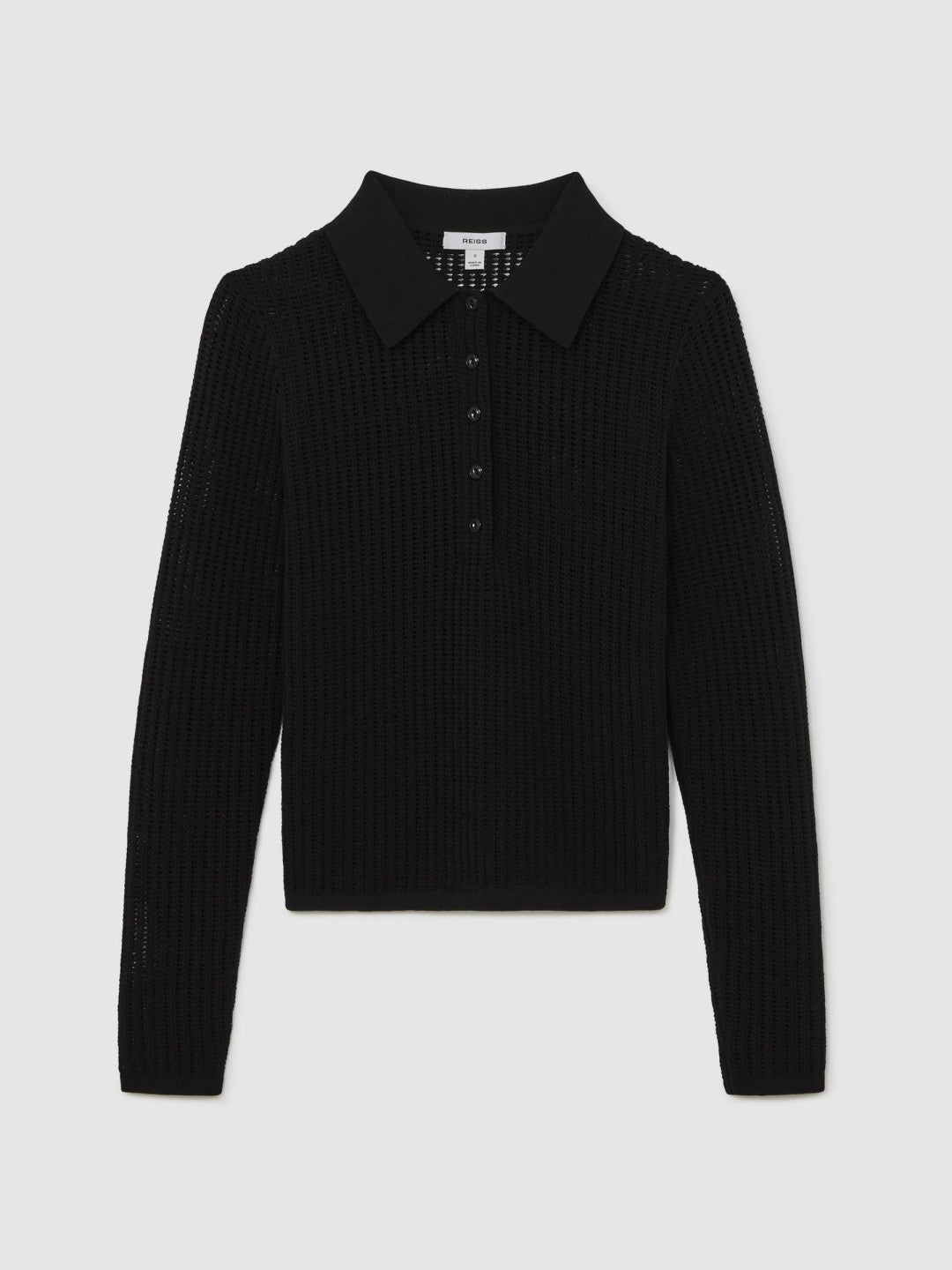 Open-Knit Long-Sleeve Polo Top Black | Women