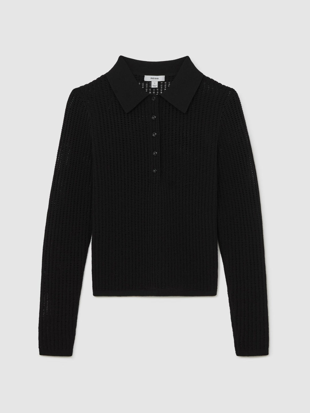 Open-Knit Long-Sleeve Polo Top Black | Women