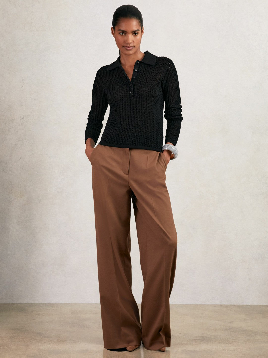 Open-Knit Long-Sleeve Polo Top Black | Women