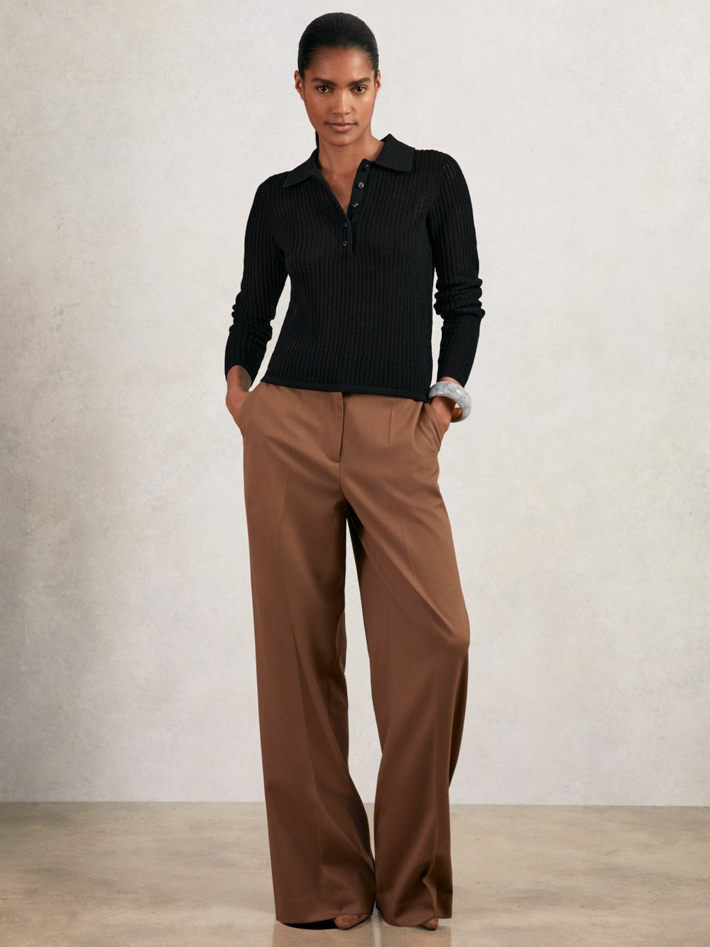 Open-Knit Long-Sleeve Polo Top Black | Women