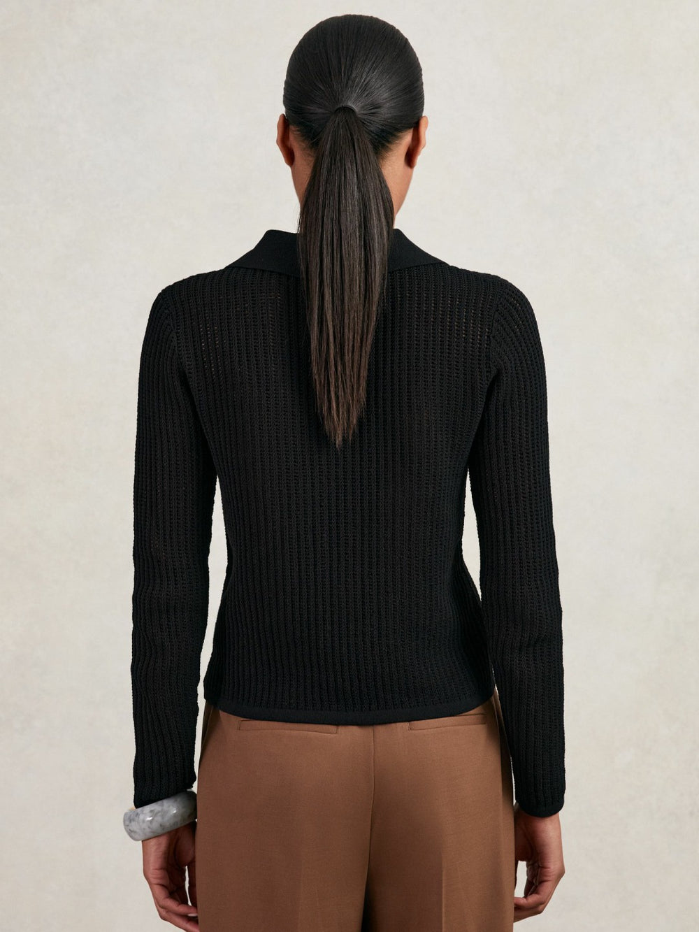 Open-Knit Long-Sleeve Polo Top Black | Women