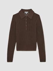 Open-Knit Long-Sleeve Polo Top Chocolate Brown | Women