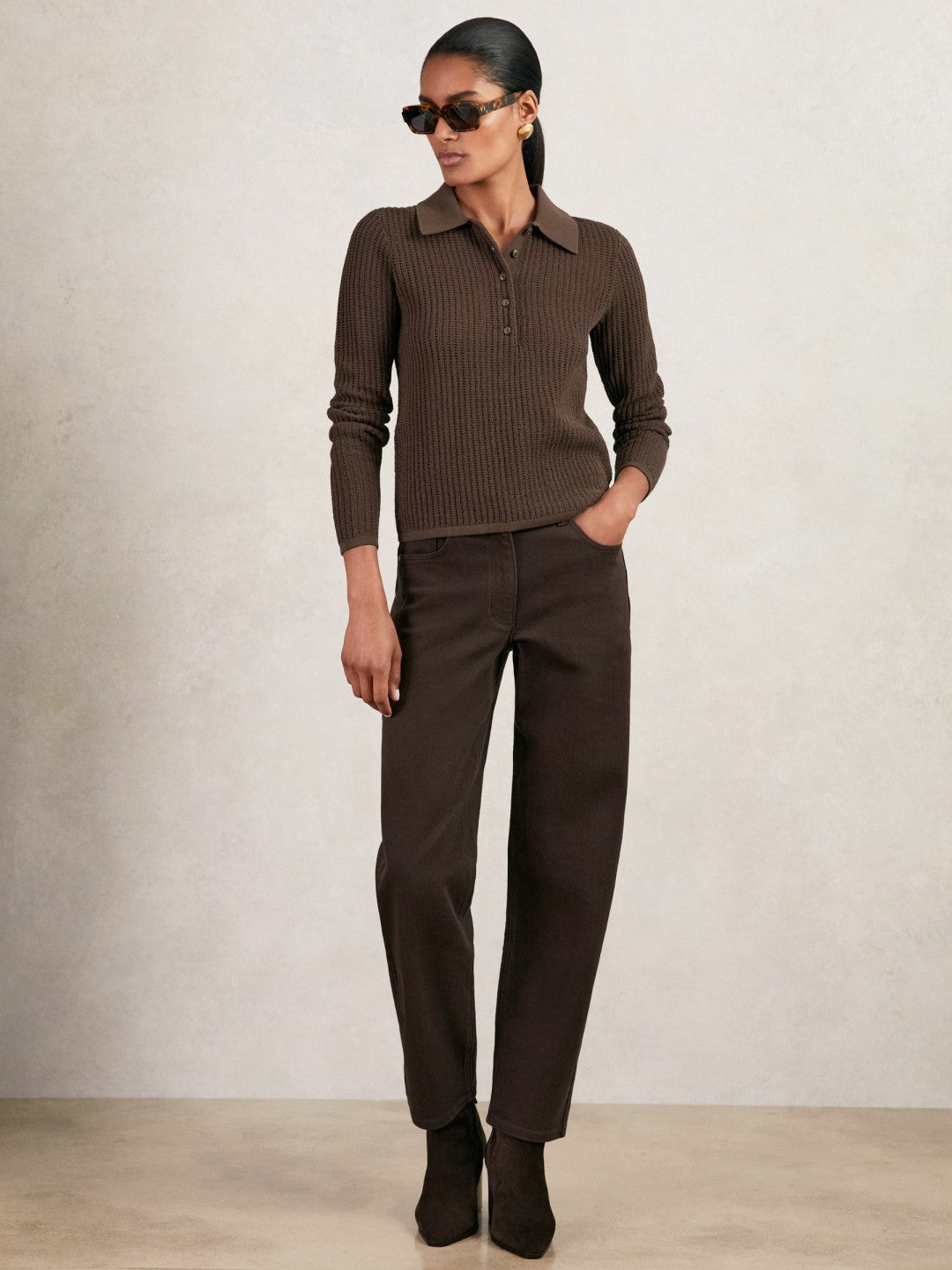 Open-Knit Long-Sleeve Polo Top Chocolate Brown | Women