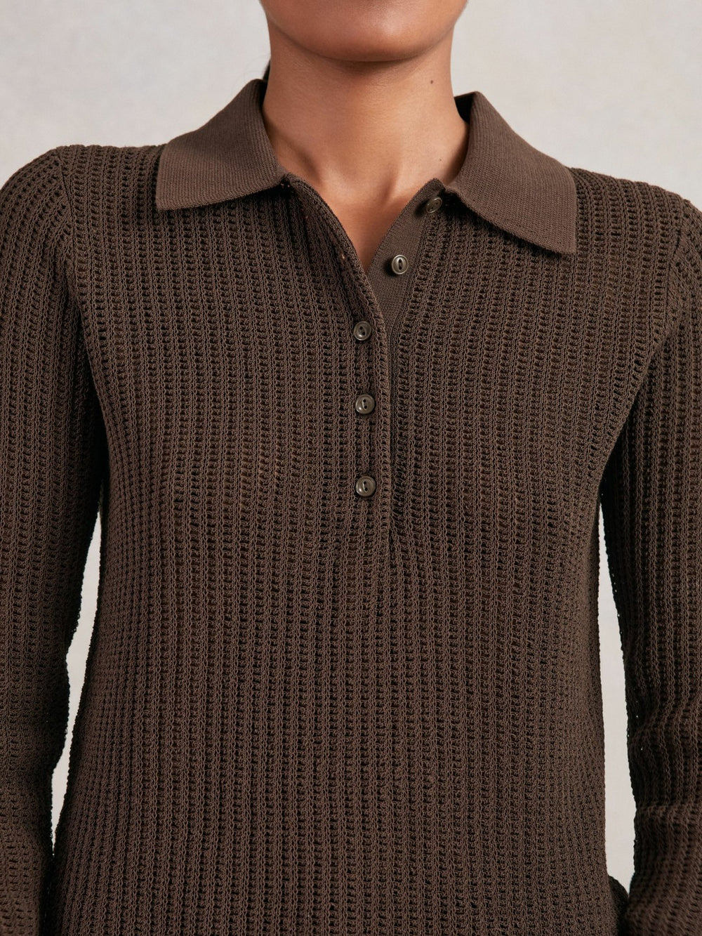 Open-Knit Long-Sleeve Polo Top Chocolate Brown | Women
