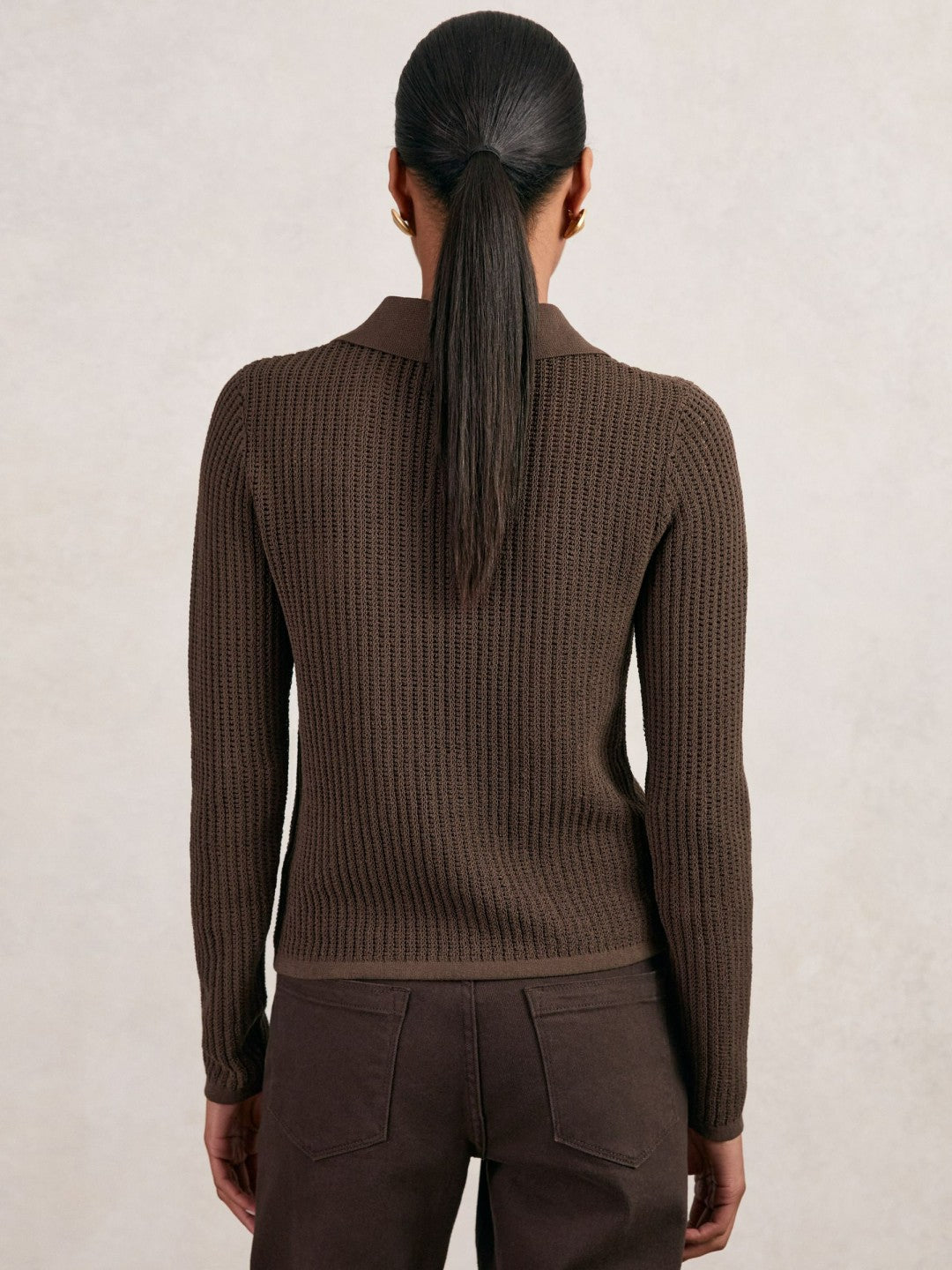 Open-Knit Long-Sleeve Polo Top Chocolate Brown | Women