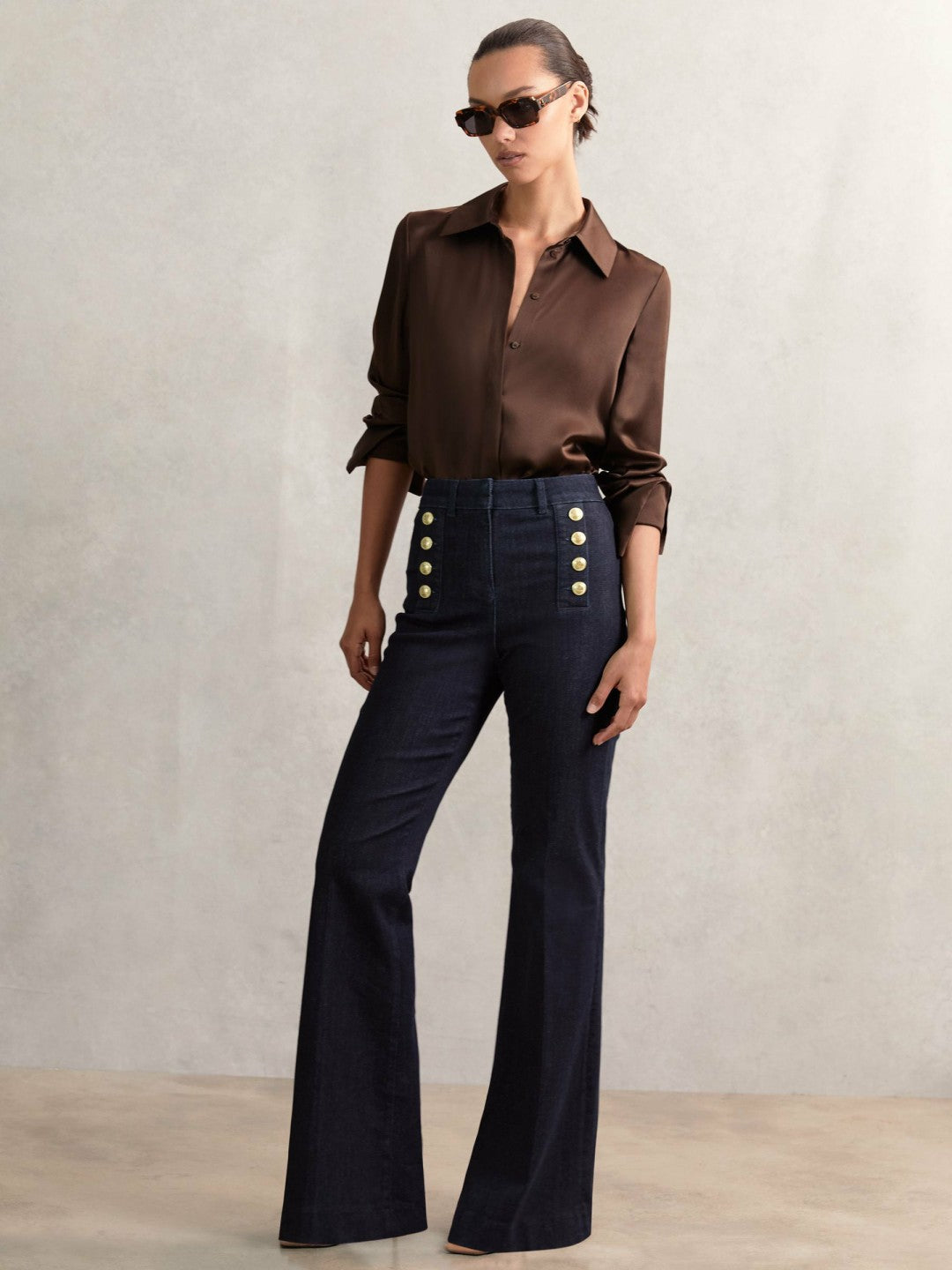 Petite Button-Detail High-Rise Flared Jeans Dark Blue | Women