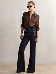 Petite Button-Detail High-Rise Flared Jeans Dark Blue | Women