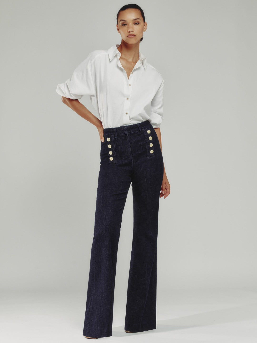 Petite Button-Detail High-Rise Flared Jeans Dark Blue | Women
