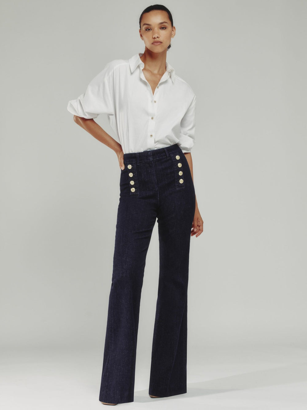 Petite Button-Detail High-Rise Flared Jeans Dark Blue | Women
