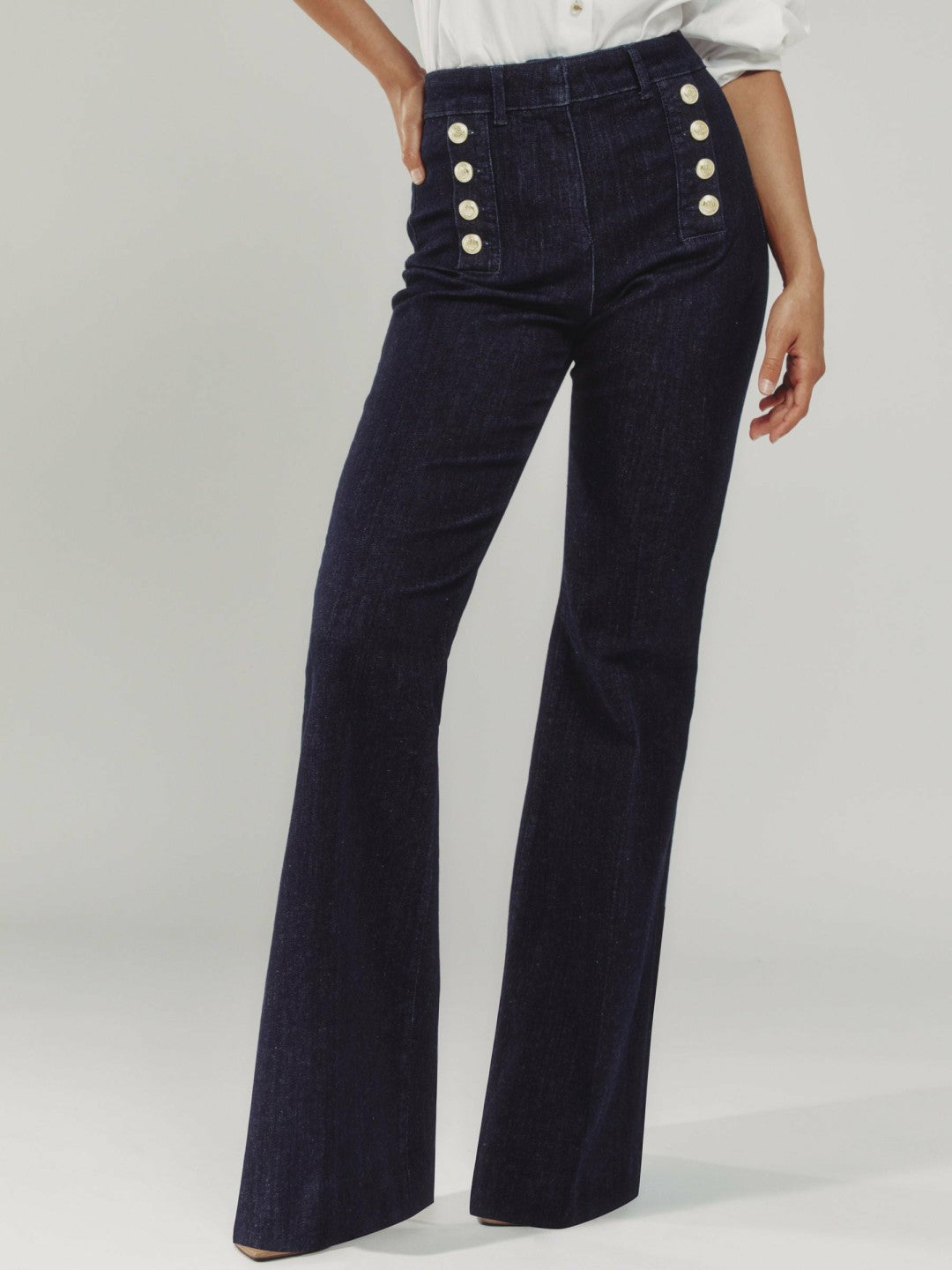 Petite Button-Detail High-Rise Flared Jeans Dark Blue | Women