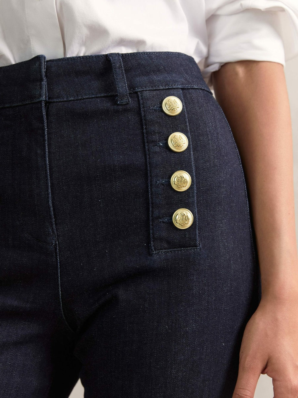 Petite Button-Detail High-Rise Flared Jeans Dark Blue | Women